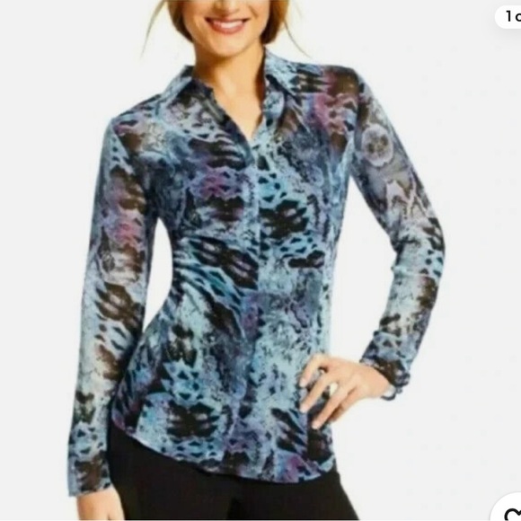 CAbi Tops - CAbi Womens Semi Sheer Blouse Shirt Long Sleeve Blue/Black Snake Print‎